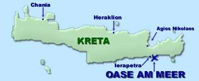 Karte von Kreta mit Ierapetra und der Oase am Meer